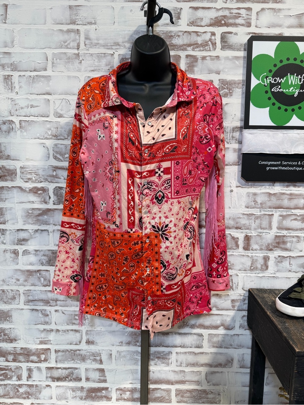 Patchwork Bandana Print Long-Sleeve Shirt - Pink/Orange